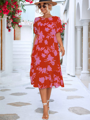 Floral Puff Sleeve Ruffle Hem Midi Dress-Mope's Closet