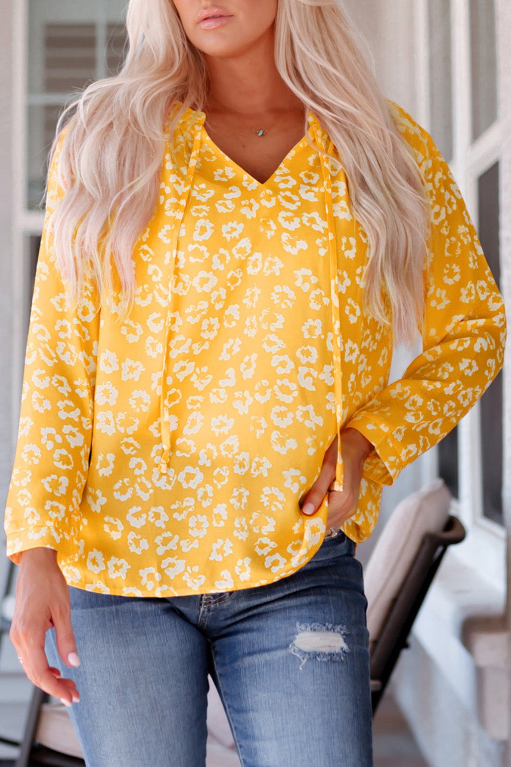 Printed Tie-Neck Long Sleeve Blouse-Mope's Closet