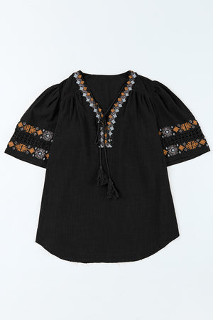 Bohemian Tassel Half Puff Sleeve Top-Mope's Closet