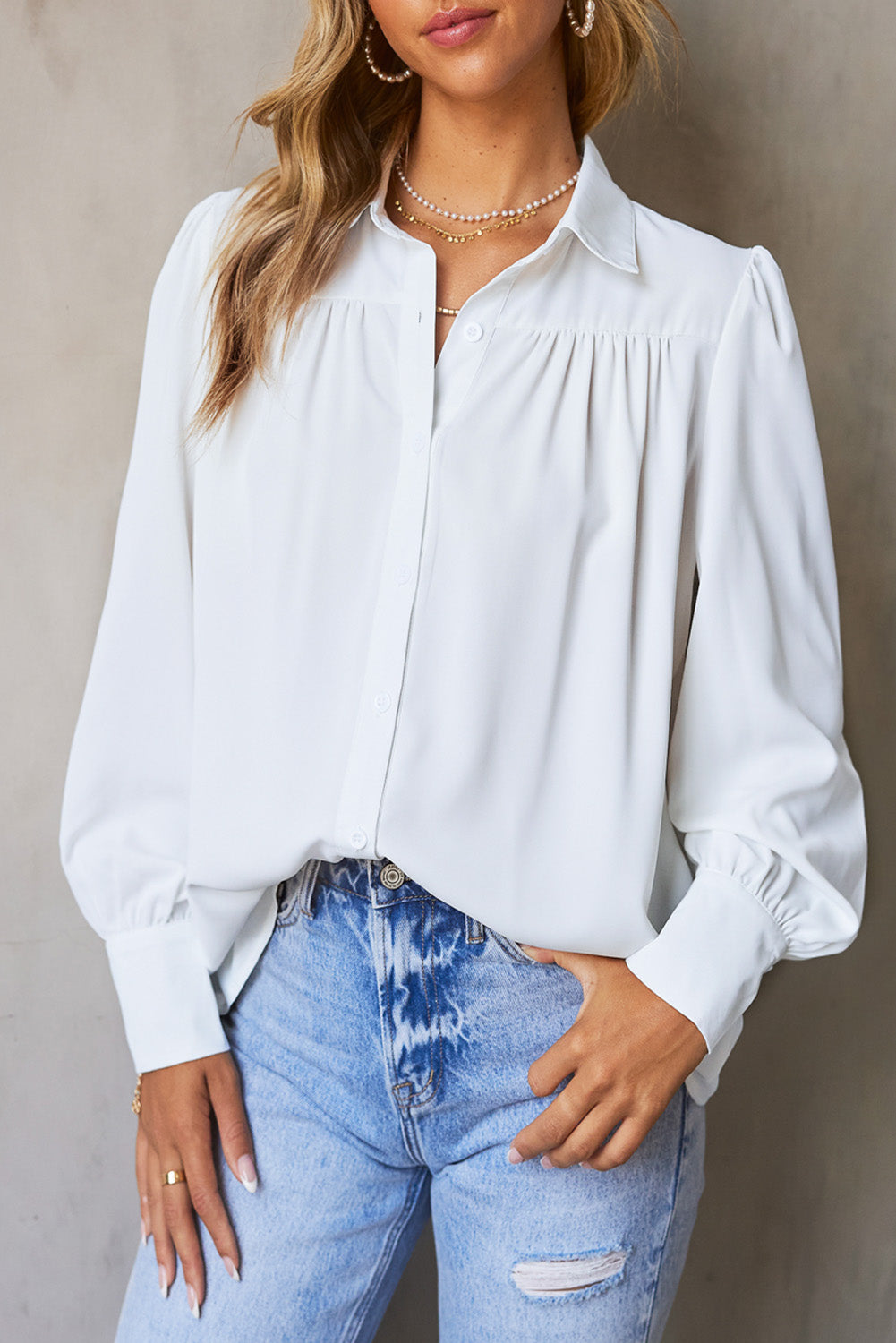 Gathered Detail Puff Sleeve Shirt-Mope's Closet