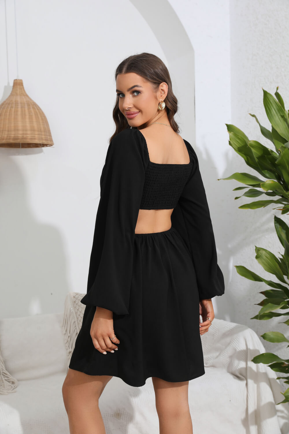 Cutout Long Balloon Sleeve Dress-Mope's Closet