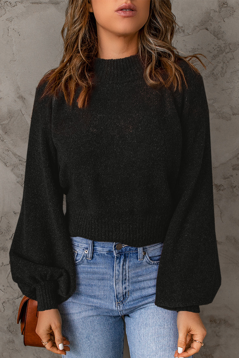 Ribbed Trim Balloon Sleeve Sweater-Mope's Closet