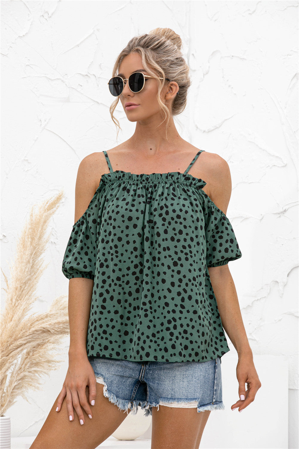 Printed Cold-Shoulder Frill Trim Blouse-Mope's Closet