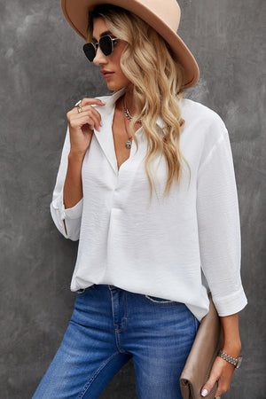 Textured Johnny Collar Three-Quarter Sleeve Blouse-Mope's Closet