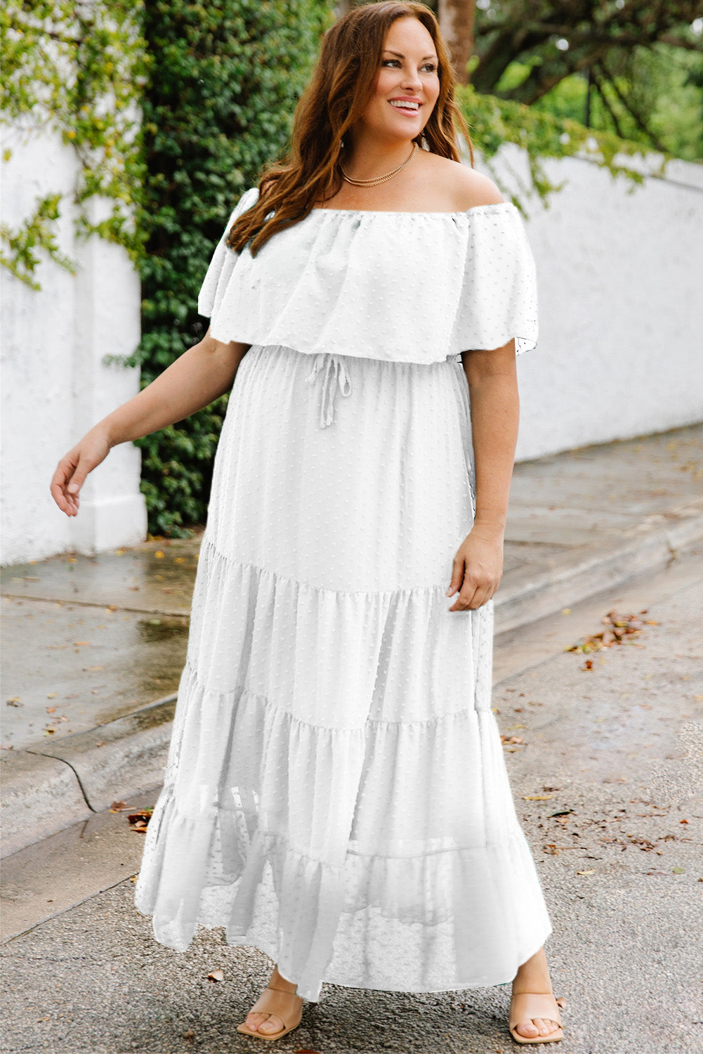 Plus Size Swiss Dot Off-Shoulder Tiered Dress-Mope's Closet