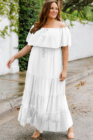 Plus Size Swiss Dot Off-Shoulder Tiered Dress-Mope's Closet