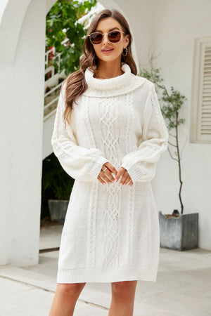 Mixed Knit Turtleneck Lantern Sleeve Sweater Dress-Mope's Closet