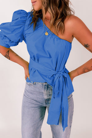 Tied Puff Sleeve One-Shoulder Top-Mope's Closet