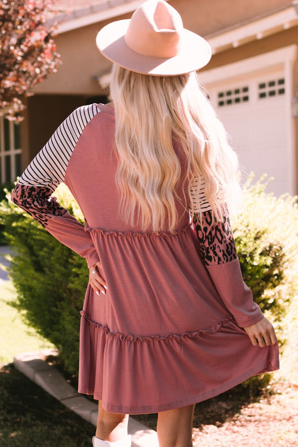 Mixed Print Frill Trim Long Sleeve Dress-Mope's Closet