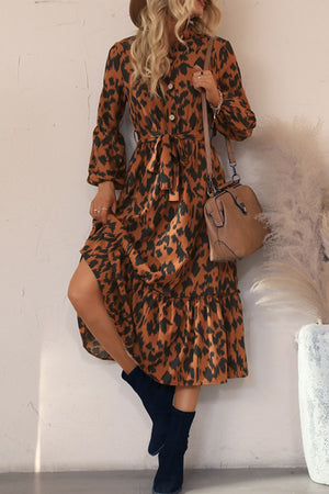 Printed Bubble Sleeve Buttoned Shirt Dress-Mope's Closet