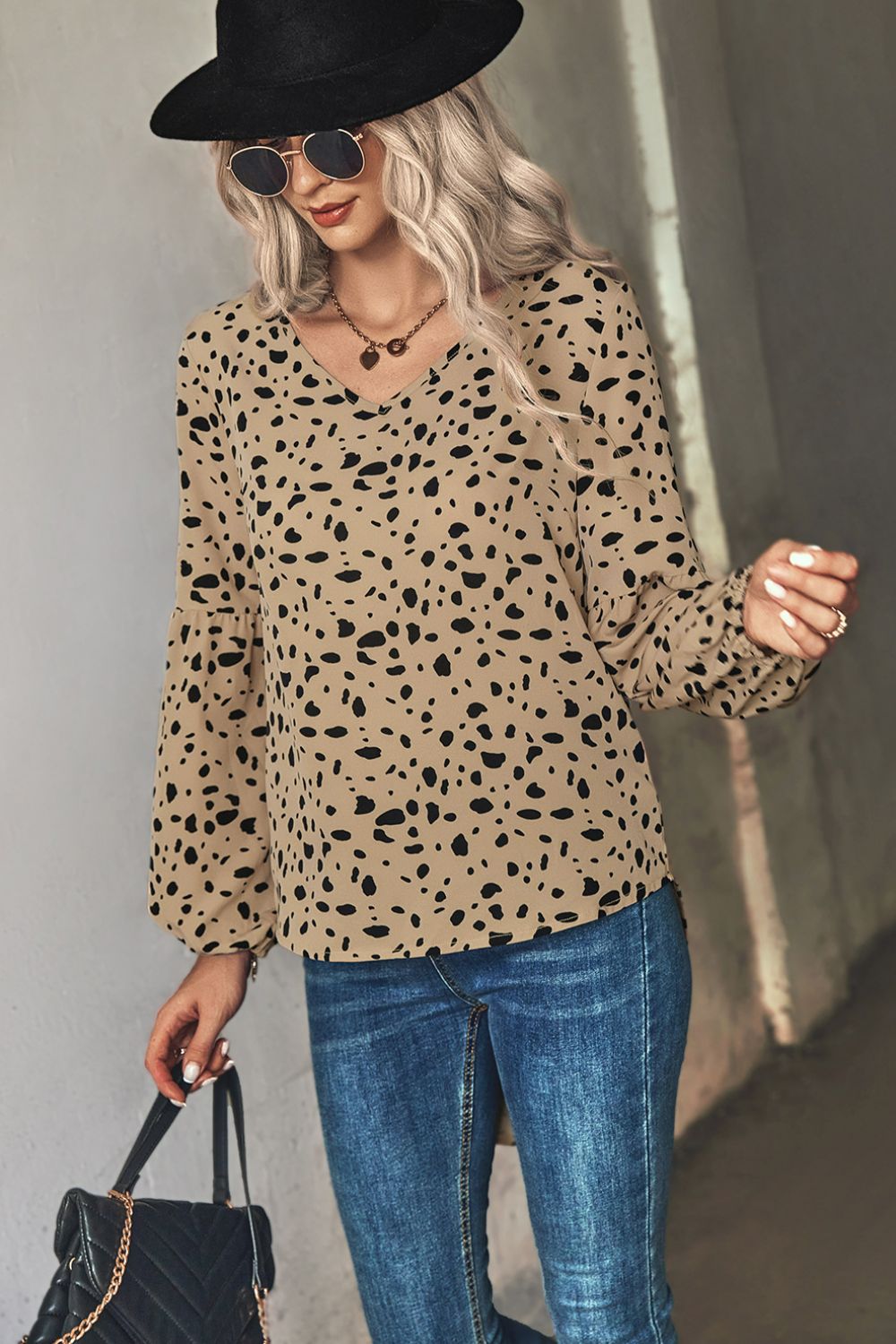 Animal Print V-Neck High-Low Blouse-Mope's Closet