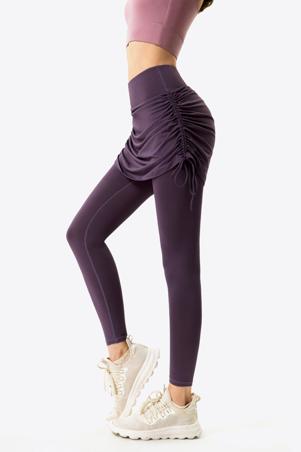 Drawstring Ruched Faux Layered Yoga Leggings-Mope's Closet