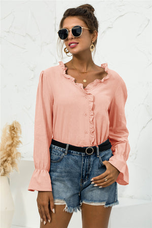 Frill Trim V-Neck Flounce Sleeve Shirt-Mope's Closet