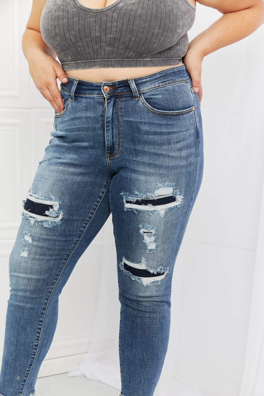 Judy Blue Dahlia Full Size Distressed Patch Jeans-Mope's Closet