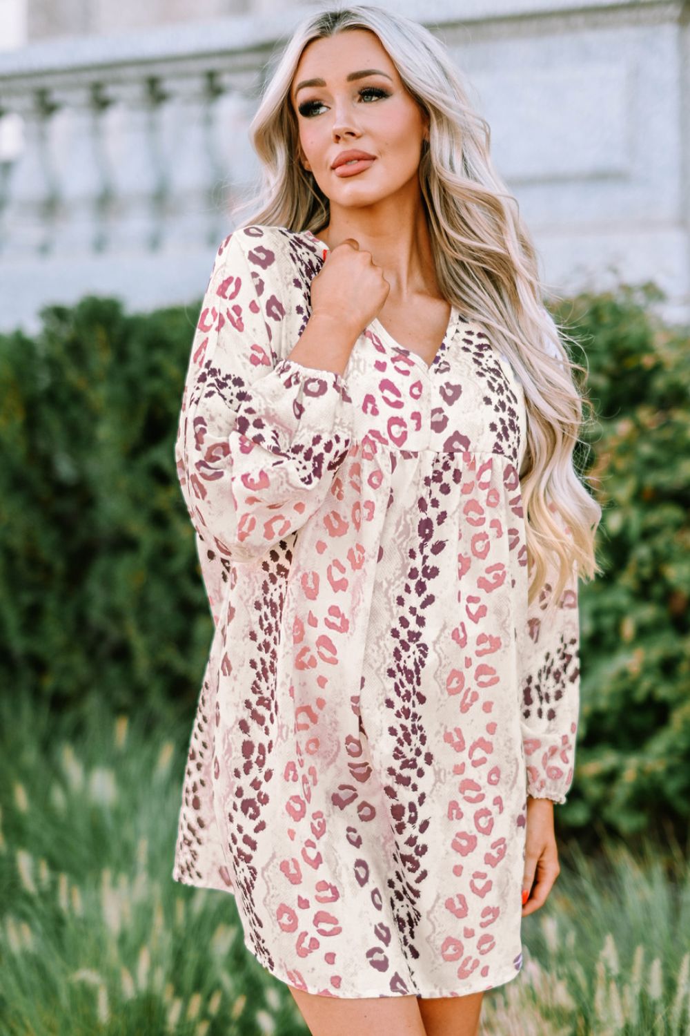 Leopard V-Neck Balloon Sleeve Babydoll Dress-Mope's Closet