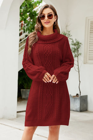 Mixed Knit Turtleneck Lantern Sleeve Sweater Dress-Mope's Closet