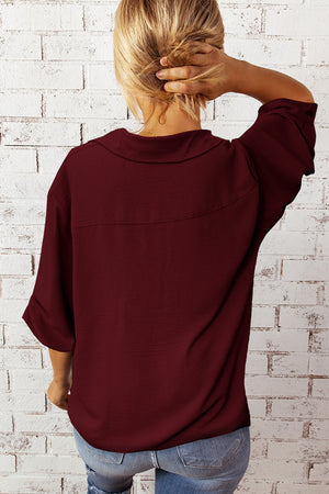 Textured Johnny Collar Three-Quarter Sleeve Blouse-Mope's Closet