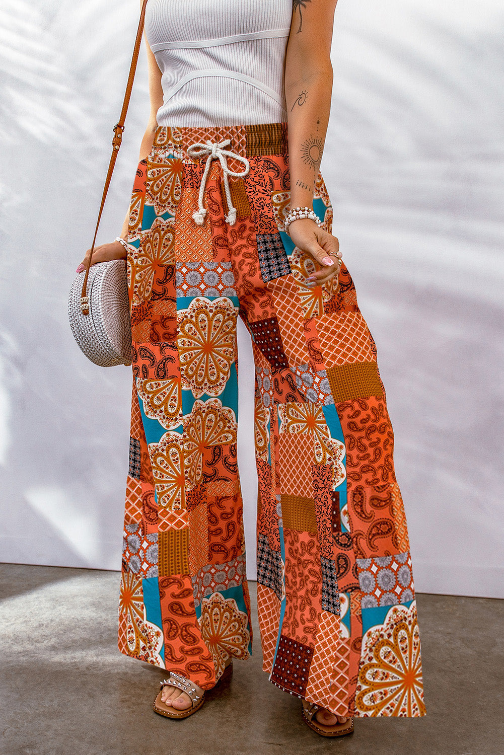 Bohemian Patchwork Drawstring Wide Leg Pants-Mope's Closet