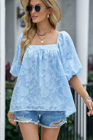 Applique Puff Sleeve Square Neck Blouse-Mope's Closet