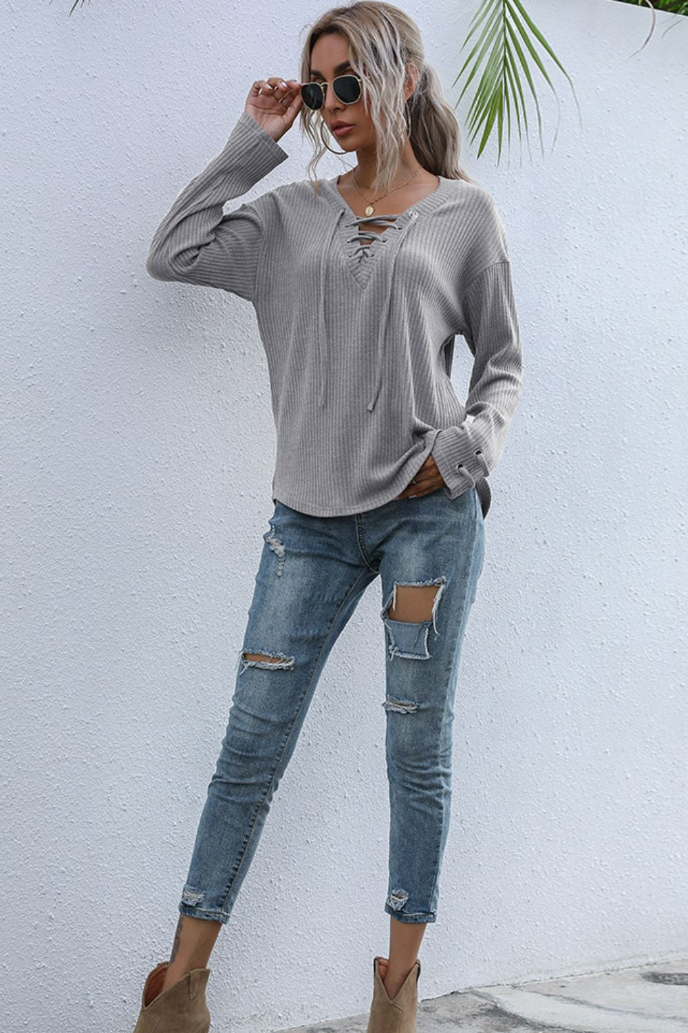 Lace-Up V-Neck Ribbed Top-Mope's Closet