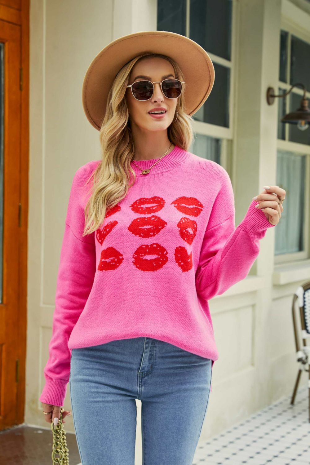 Lip Graphic Slit Dropped Shoulder Sweater-Mope's Closet