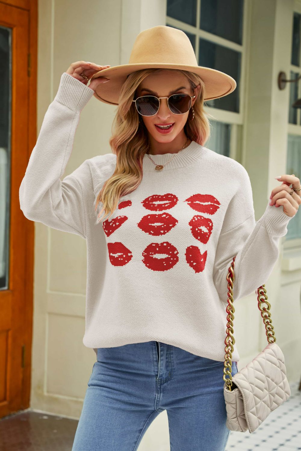 Lip Graphic Slit Dropped Shoulder Sweater-Mope's Closet