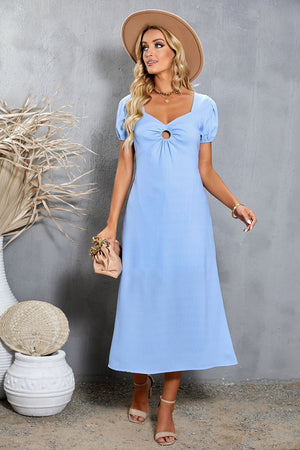 Short Puff Sleeve Sweetheart Neck Midi Dress-Mope's Closet