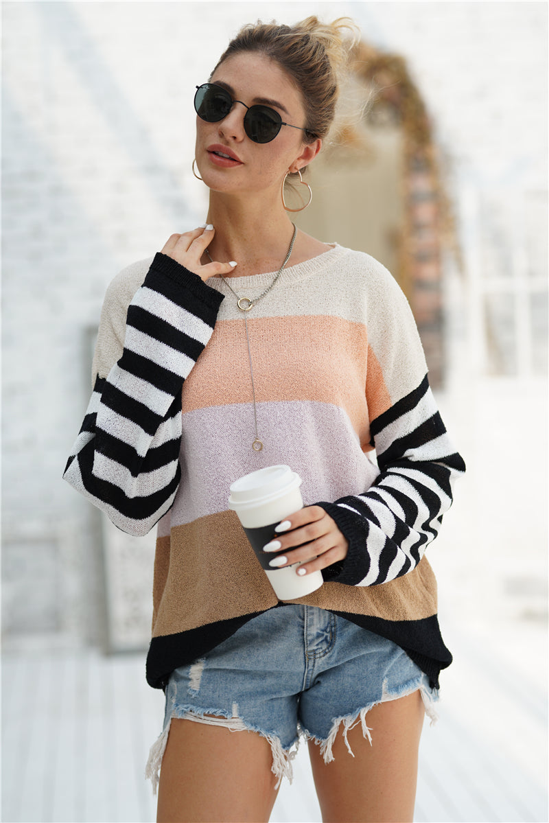 Striped Ribbed Trim Bell Sleeve Sweater-Mope's Closet