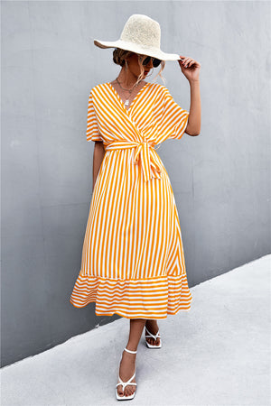 Striped Tie Belt Midi Dress-Mope's Closet