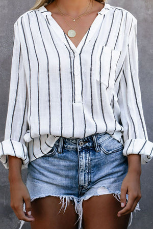 Striped V-Neck High-Low Shirt with Breast Pocket-Mope's Closet