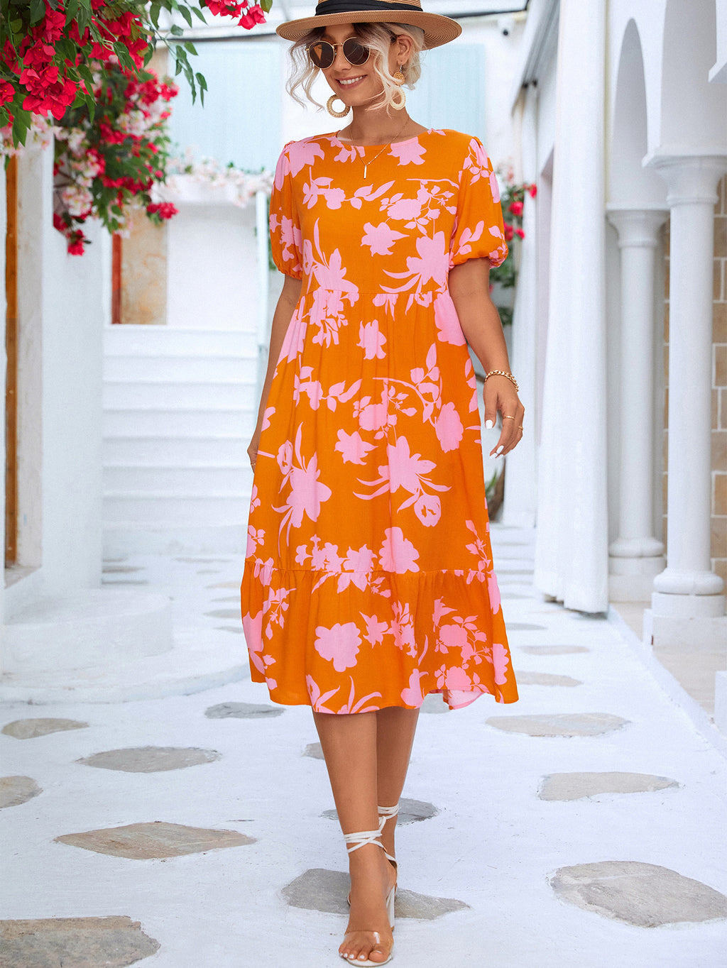 Floral Puff Sleeve Ruffle Hem Midi Dress-Mope's Closet