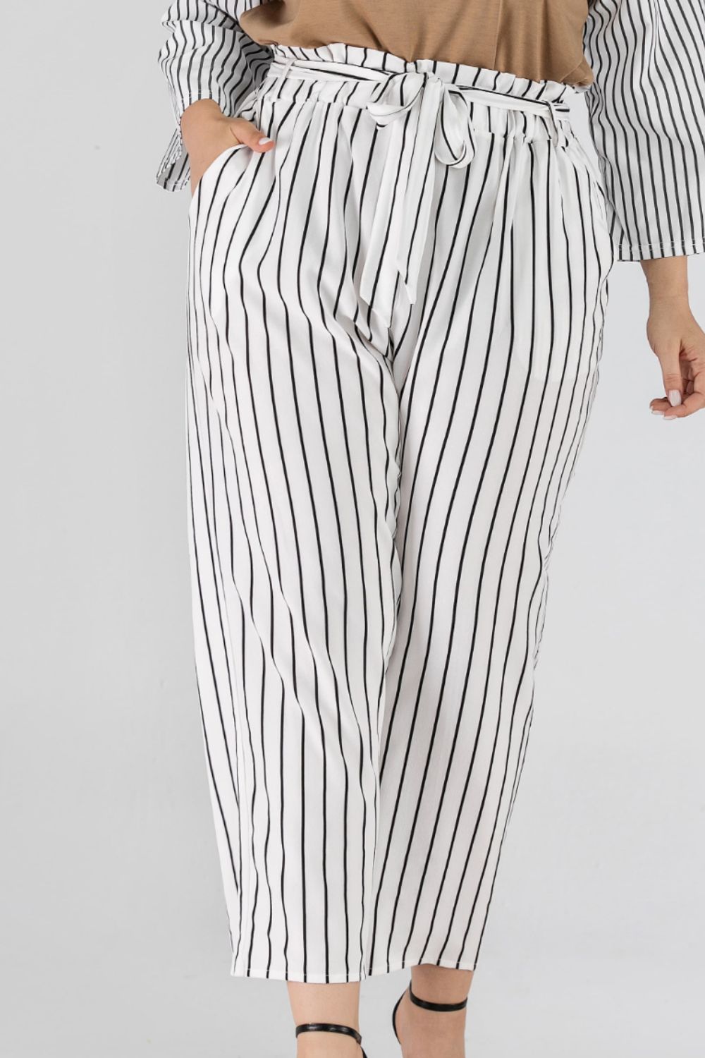 Full Size Striped Paperbag Waist Cropped Pants-Mope's Closet