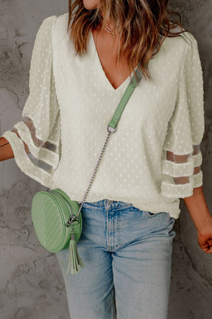 Swiss Dot Spliced Mesh Flare Sleeve Blouse-Mope's Closet