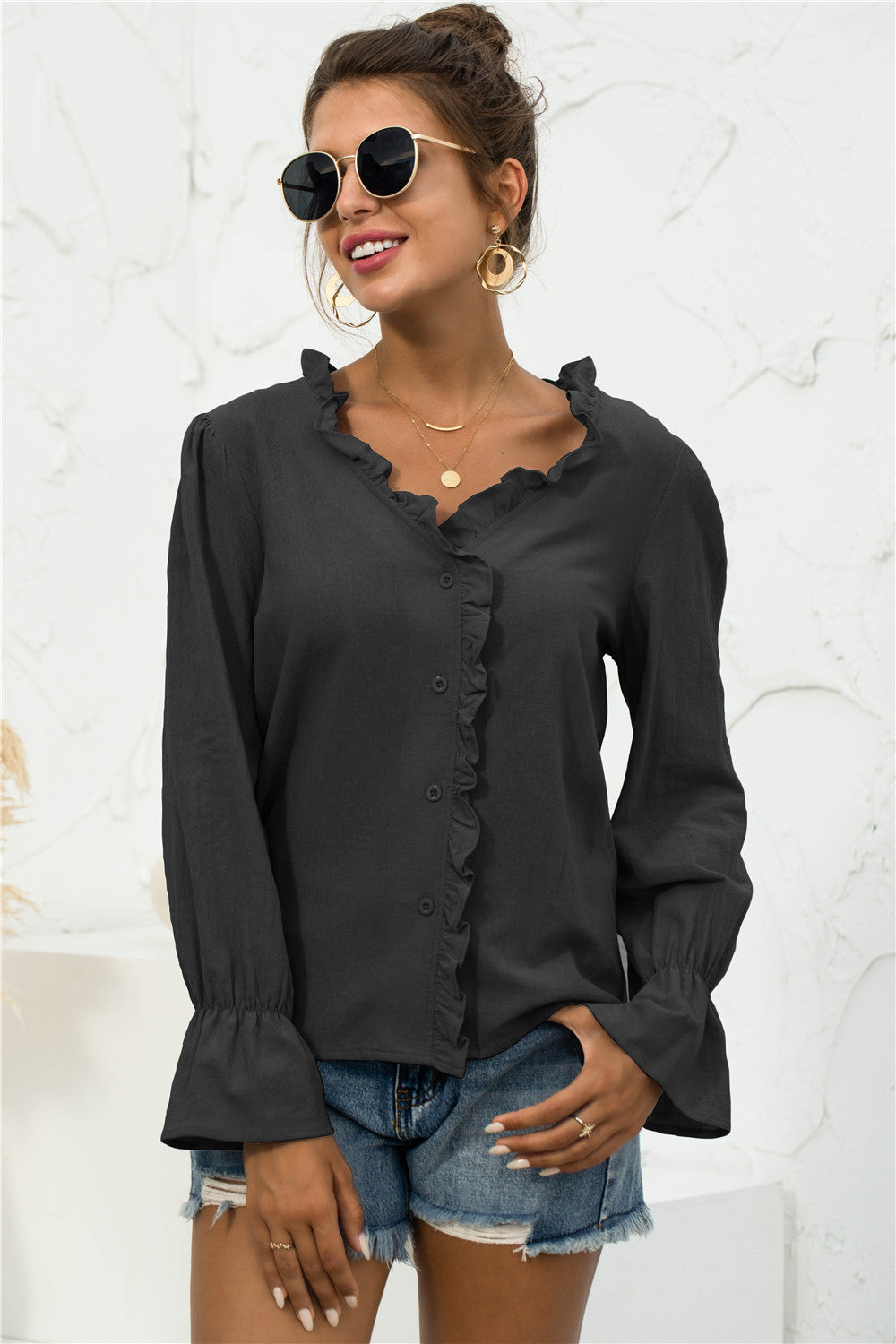 Frill Trim V-Neck Flounce Sleeve Shirt-Mope's Closet