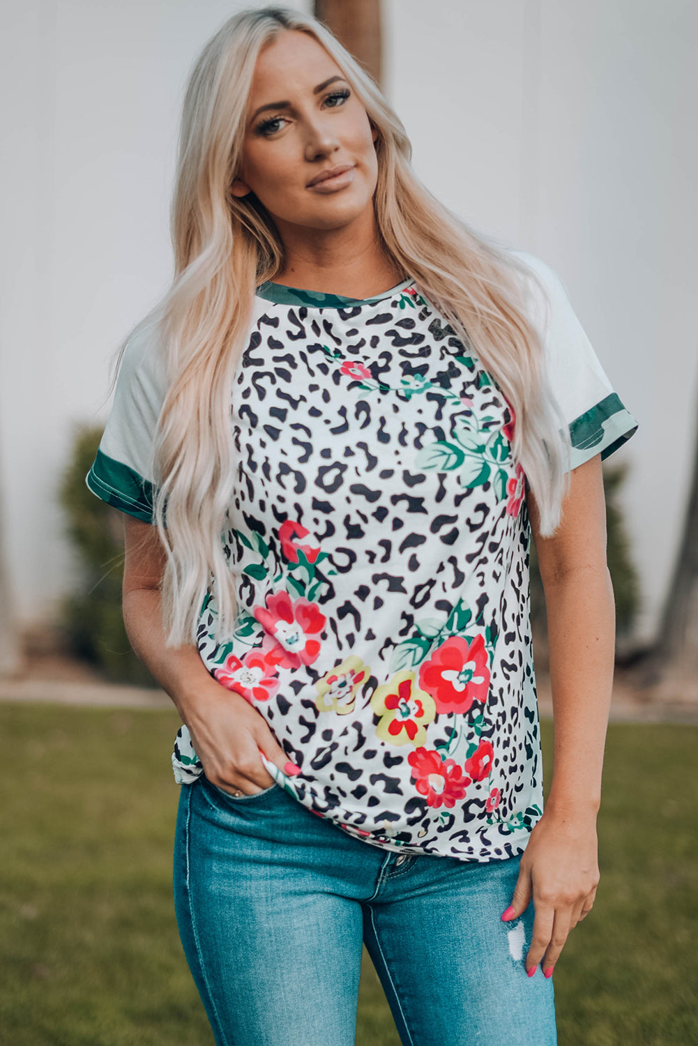 Floral Leopard Short Raglan Sleeve T-Shirt-Mope's Closet