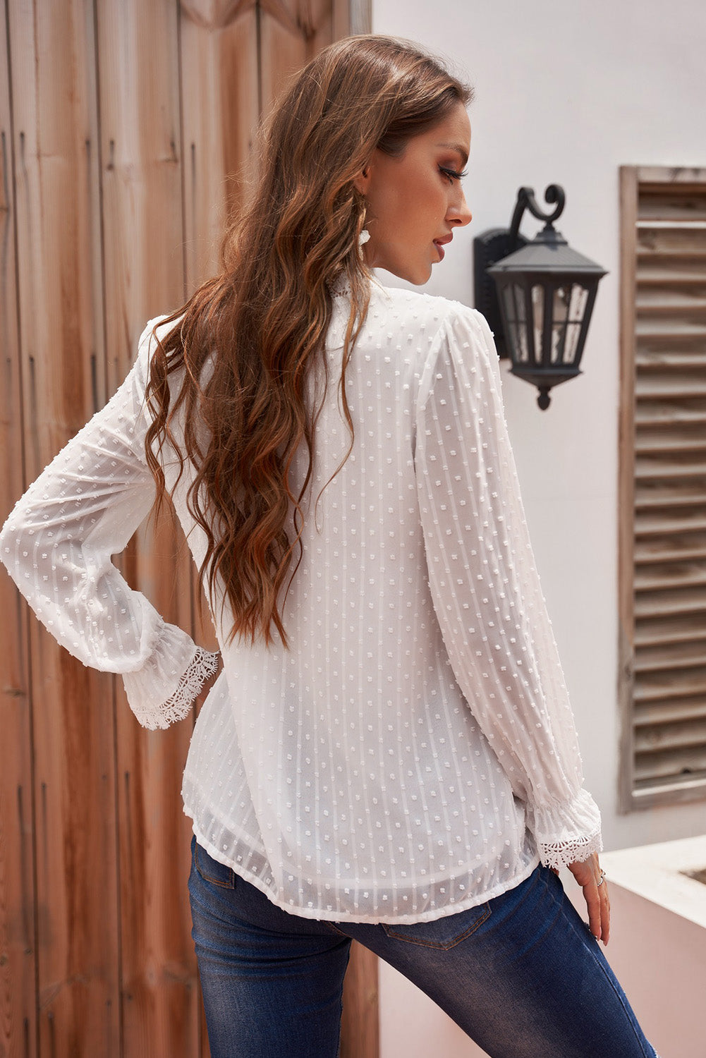 Swiss Dot Spliced Lace Flounce Sleeve Blouse-Mope's Closet