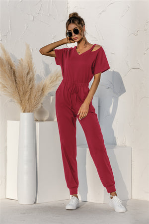 Cut Out V-neck Drawstring Jumpsuit-Mope's Closet