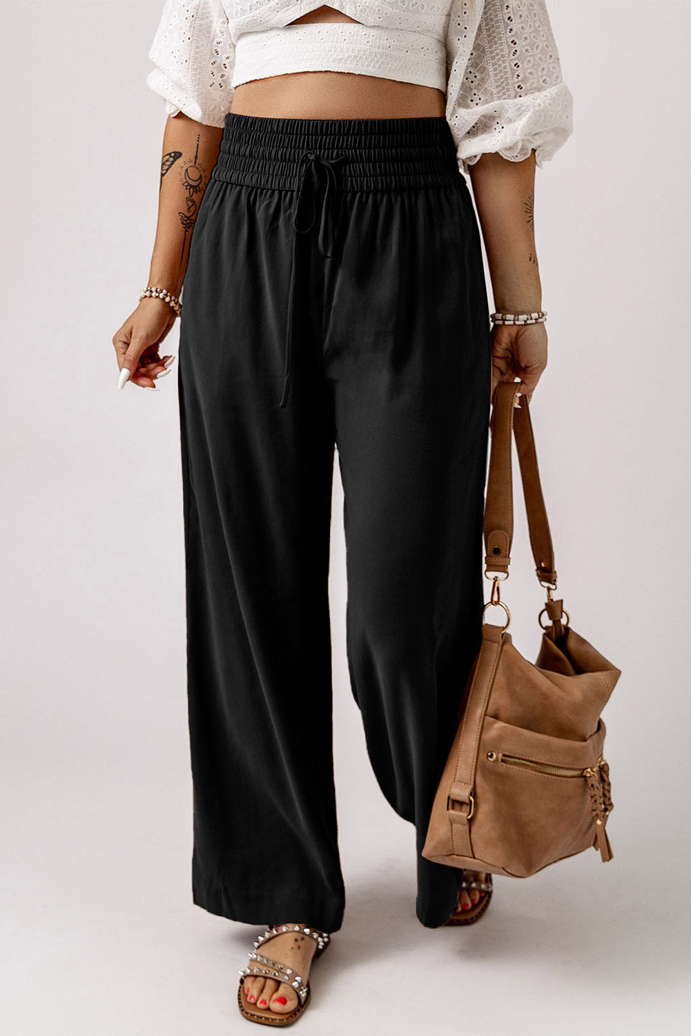 Drawstring Smocked Waist Wide Leg Pants-Mope's Closet