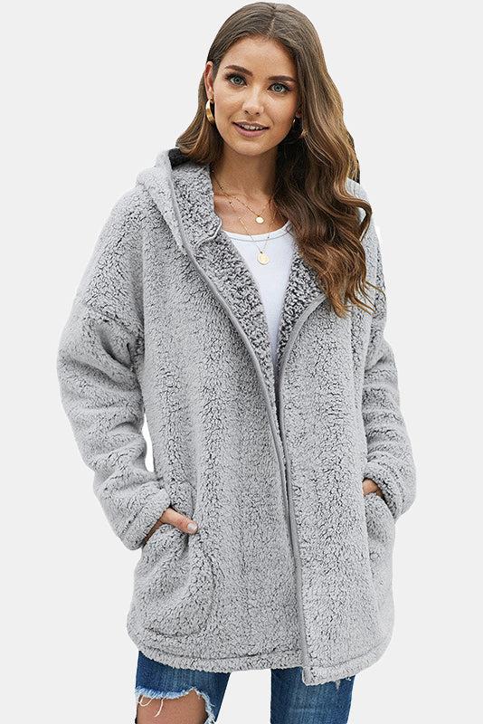 Button Front Hooded Teddy Coat-Mope's Closet