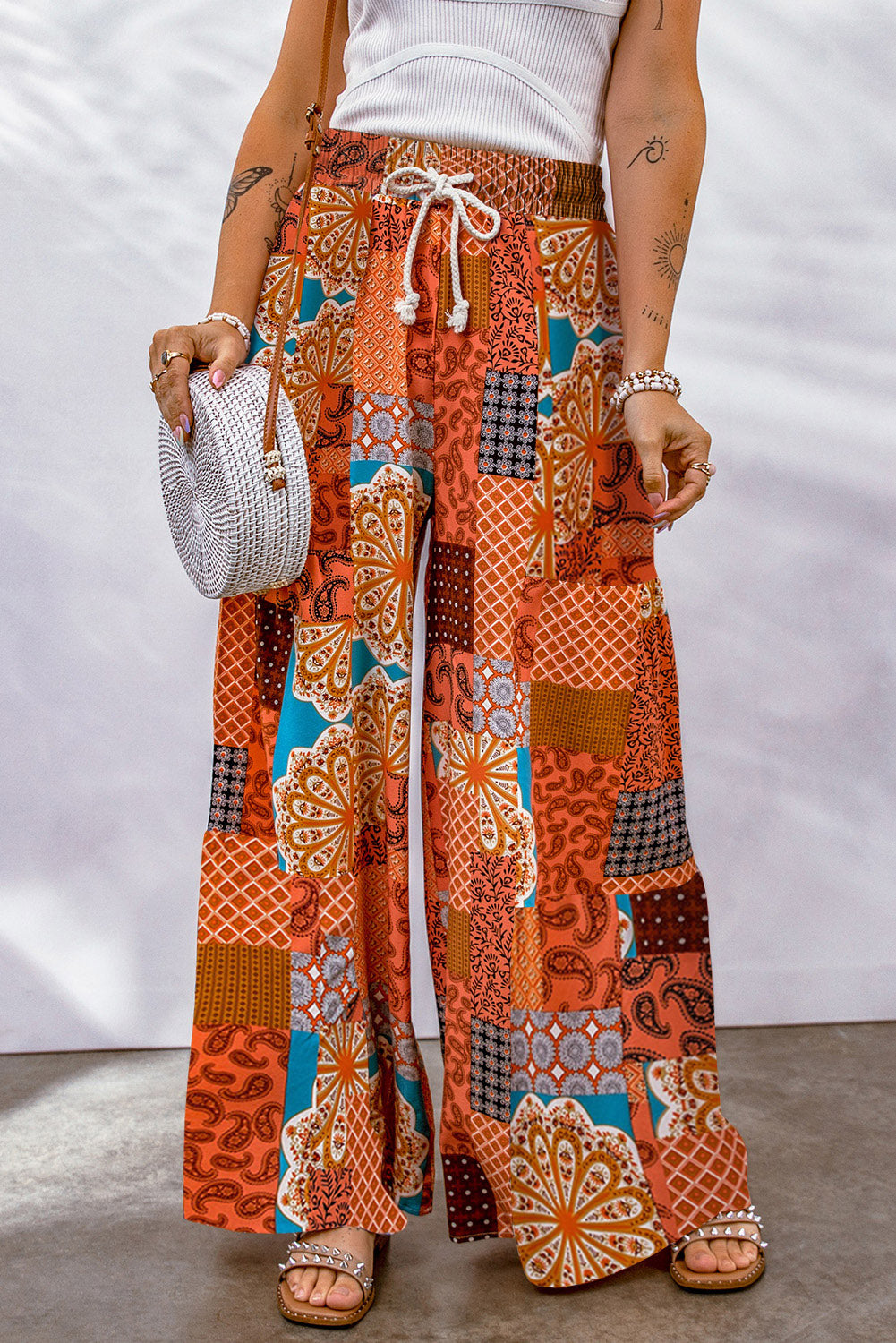 Bohemian Patchwork Drawstring Wide Leg Pants-Mope's Closet