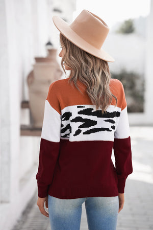 Leopard Color Block Ribbed Trim Dropped Shoulder Sweater-Mope's Closet