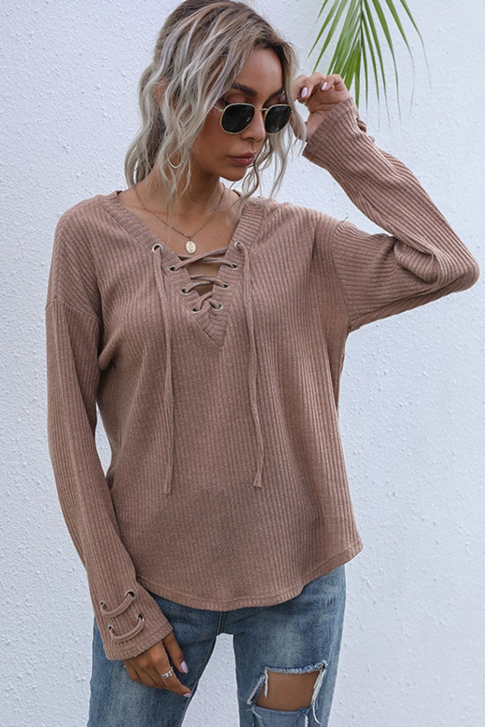 Lace-Up V-Neck Ribbed Top-Mope's Closet