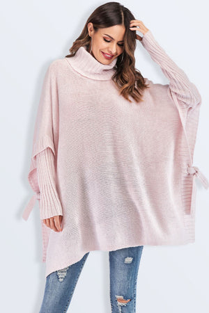 Tied Turtleneck Asymmetrical Hem Sweater-Mope's Closet