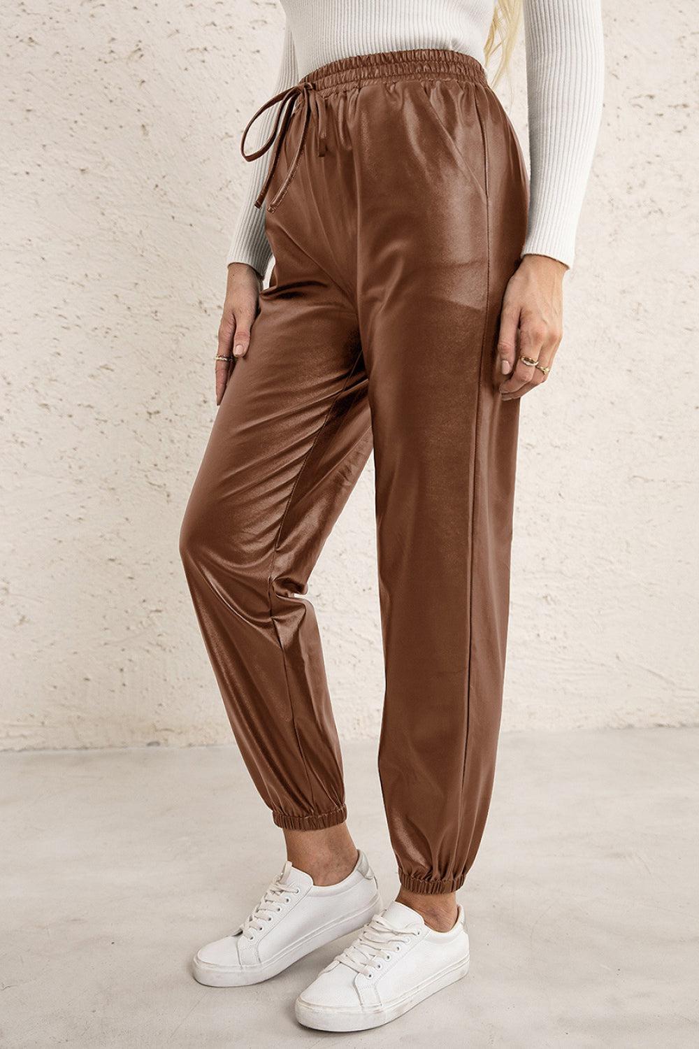 Elastic Waist PU Leather Joggers-Mope's Closet