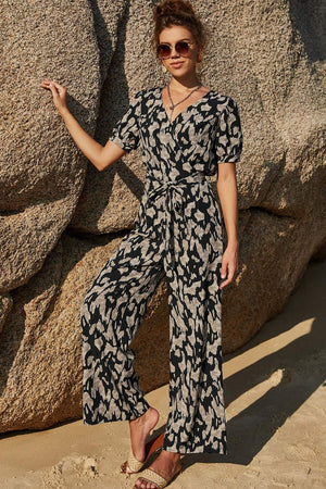 Printed Tie-Waist Surplice Jumpsuit-Mope's Closet