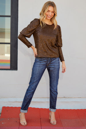 Sequin Puff Sleeve Round Neck Top-Mope's Closet