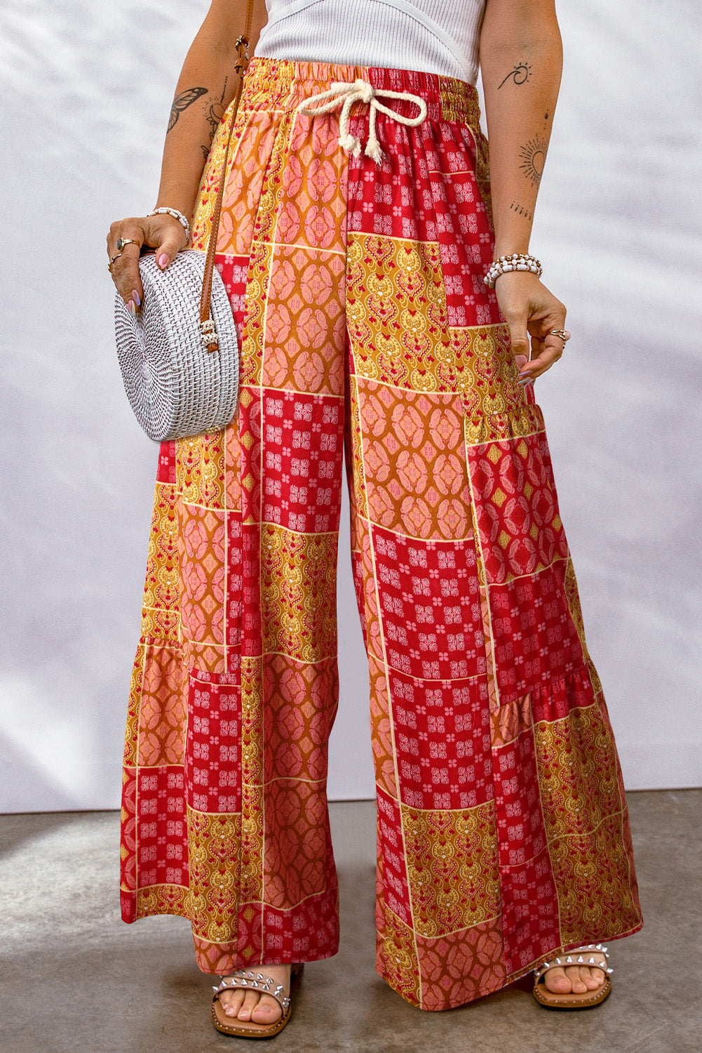 Bohemian Patchwork Drawstring Wide Leg Pants-Mope's Closet