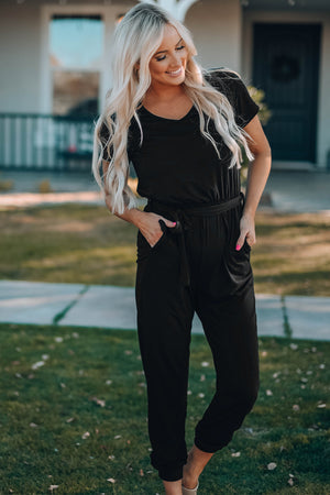 Belted V-Neck Jogger Jumpsuit-Mope's Closet