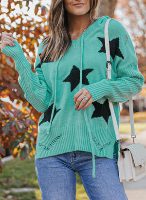 Star Distressed Slit Hooded Sweater-Mope's Closet