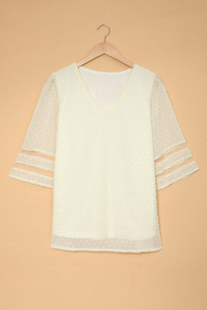 Swiss Dot Spliced Mesh Flare Sleeve Blouse-Mope's Closet